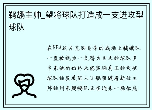 鹈鹕主帅_望将球队打造成一支进攻型球队