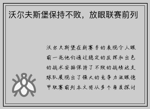 沃尔夫斯堡保持不败，放眼联赛前列