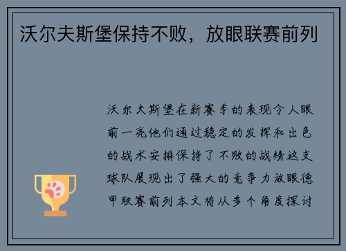 沃尔夫斯堡保持不败，放眼联赛前列
