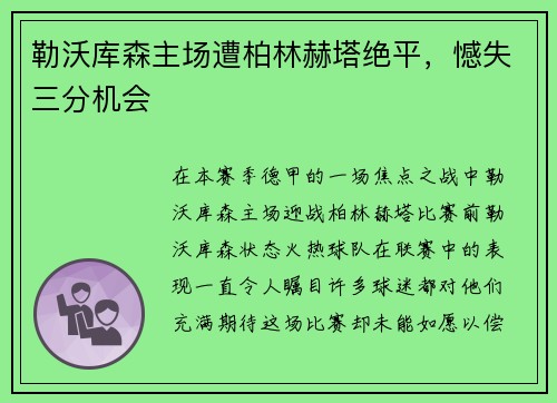 勒沃库森主场遭柏林赫塔绝平，憾失三分机会
