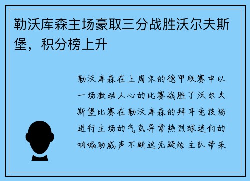 勒沃库森主场豪取三分战胜沃尔夫斯堡，积分榜上升