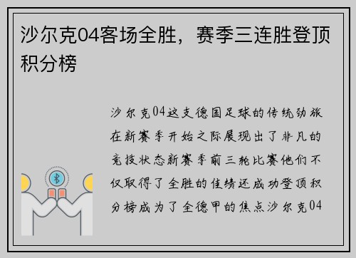 沙尔克04客场全胜，赛季三连胜登顶积分榜