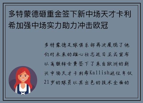 多特蒙德砸重金签下新中场天才卡利希加强中场实力助力冲击欧冠
