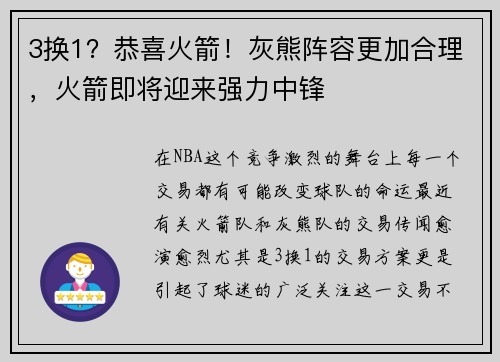 3换1？恭喜火箭！灰熊阵容更加合理，火箭即将迎来强力中锋