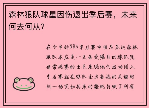 森林狼队球星因伤退出季后赛，未来何去何从？