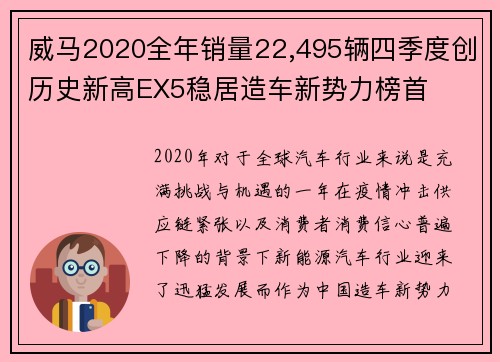 威马2020全年销量22,495辆四季度创历史新高EX5稳居造车新势力榜首