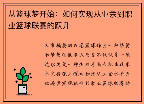 从篮球梦开始：如何实现从业余到职业篮球联赛的跃升
