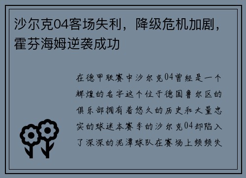 沙尔克04客场失利，降级危机加剧，霍芬海姆逆袭成功