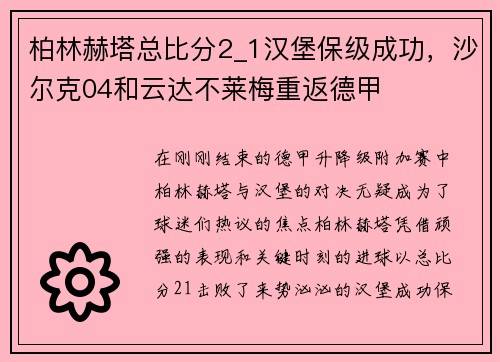 柏林赫塔总比分2_1汉堡保级成功，沙尔克04和云达不莱梅重返德甲