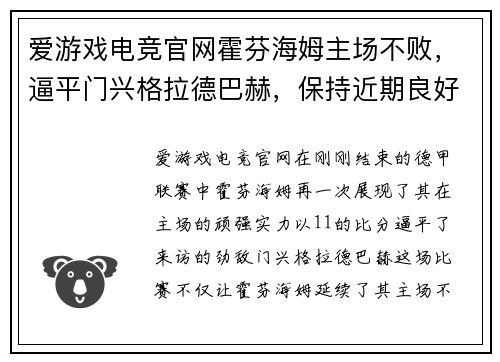 爱游戏电竞官网霍芬海姆主场不败，逼平门兴格拉德巴赫，保持近期良好状态