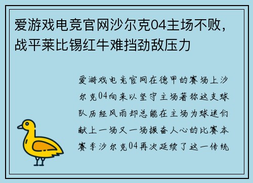 爱游戏电竞官网沙尔克04主场不败，战平莱比锡红牛难挡劲敌压力