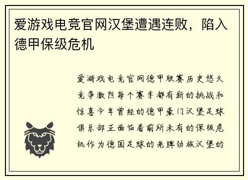 爱游戏电竞官网汉堡遭遇连败，陷入德甲保级危机